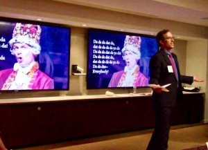 Peter Kraybill performs in the role of patent examiner King George III during the presentation to the Benjamin Franklin American Inn of Court.